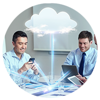 Abstract cloud illustration hovering over two businessmen