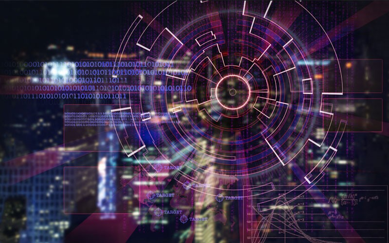 Abstract concept of data and eye overlaying city