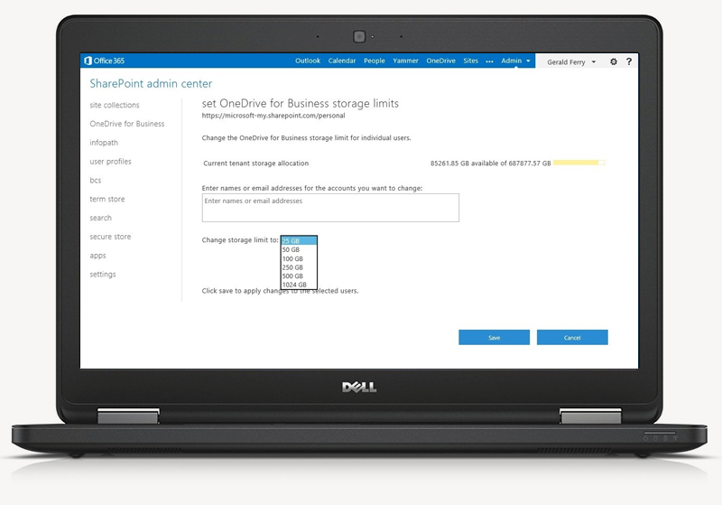 Notebook computer displaying office 365 Admin Center with OneDrive